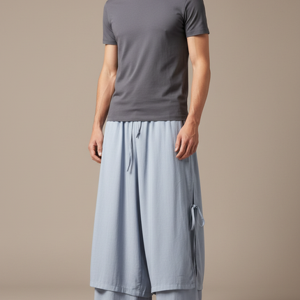 Pantalon Jupe Homme Lin Ample Hanfu Décontracté - Bleu