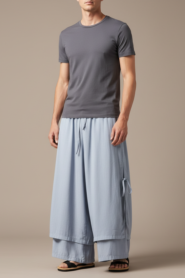 Pantalon Jupe Homme Lin Ample Hanfu Décontracté - Bleu
