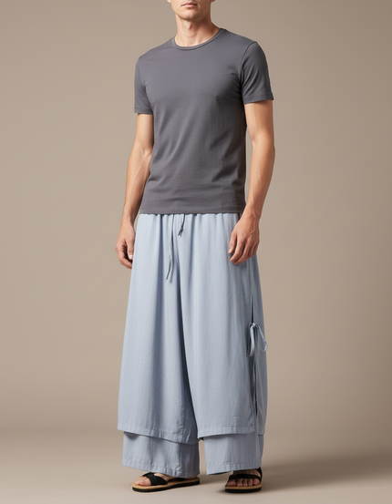 Pantalon Jupe Homme Lin Ample Hanfu Décontracté - Bleu