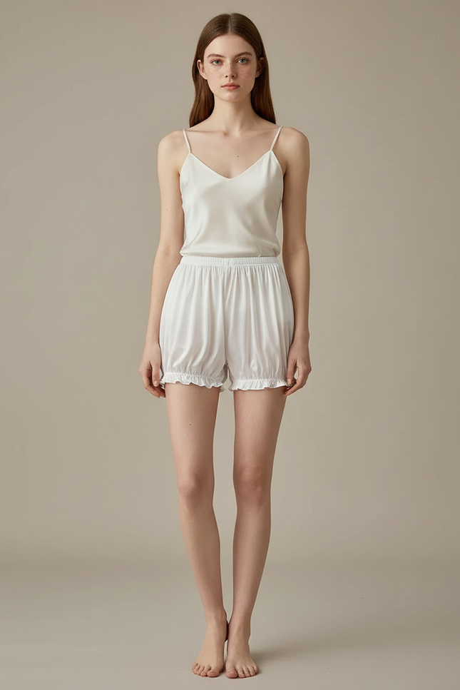 Pantalon Jupe Blanc Satiné Ample Volants Court - Viscose