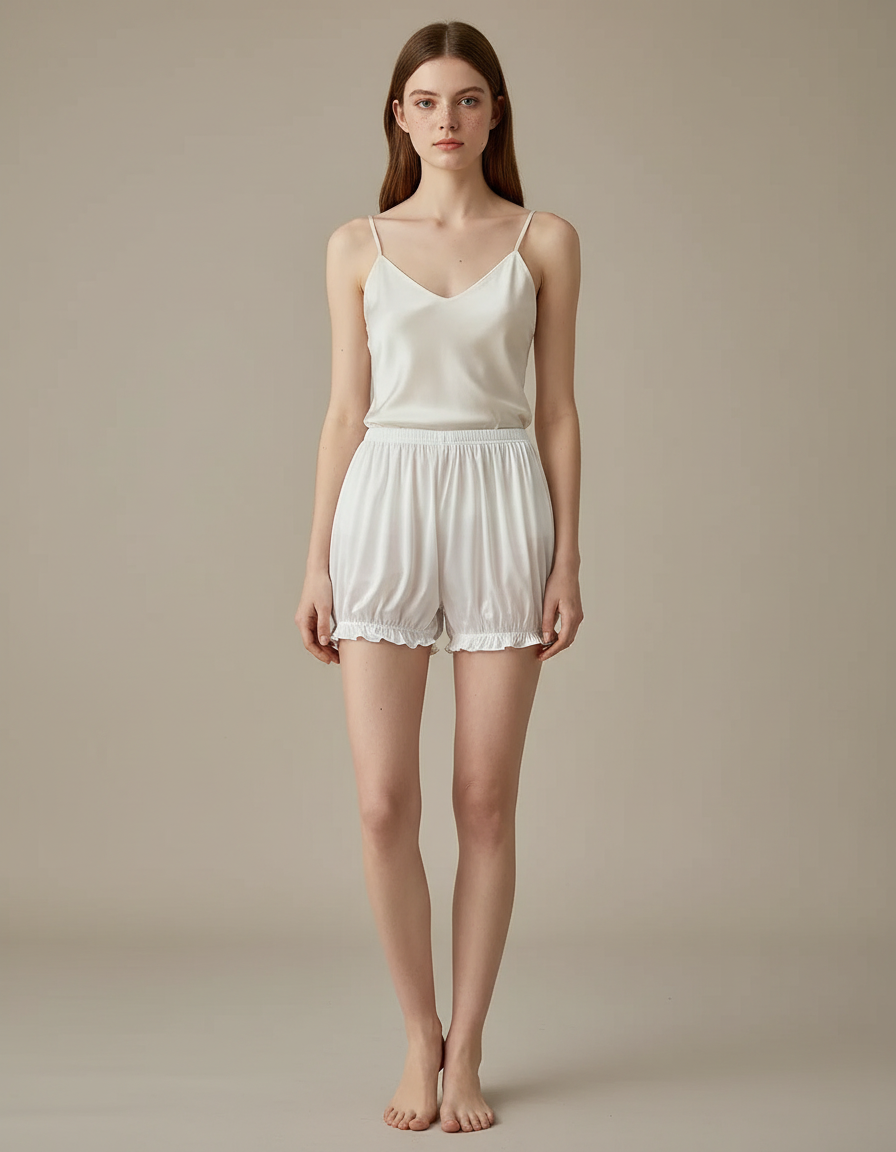 Pantalon Jupe Blanc Satiné Ample Volants Court - Viscose