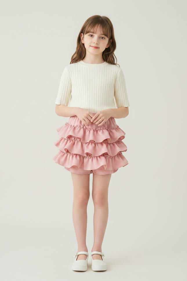 Pantalon Jupe Rose Volants Mignon Fille Doublé Court - Polyester