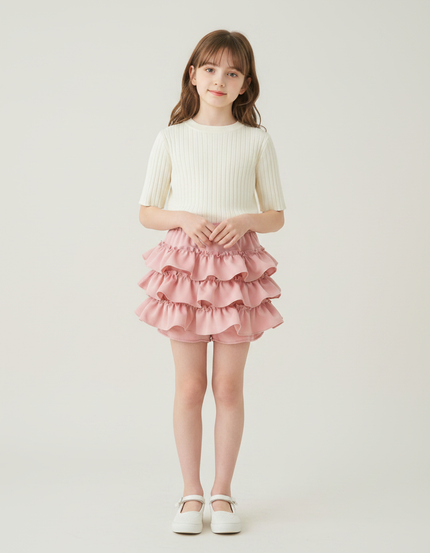 Pantalon Jupe Rose Volants Mignon Fille Doublé Court - Polyester