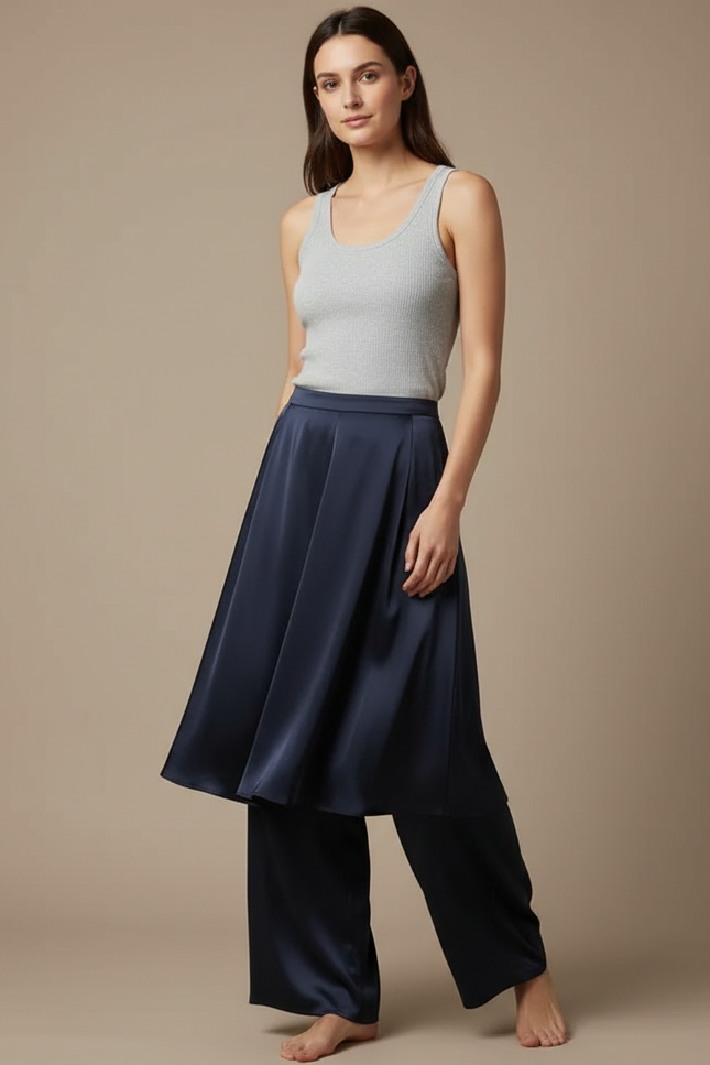 Pantalon Jupe Bleu Marine Satiné Ample Fluide Élégant