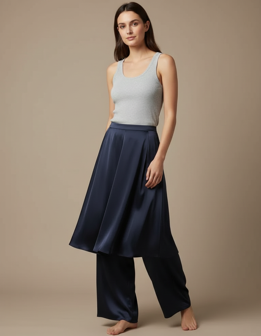 Pantalon Jupe Bleu Marine Satiné Ample Fluide Élégant