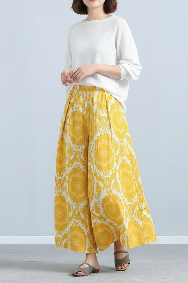 Pantalon Jupe Jaune Lin Ample Motif Ethnique Décontracté