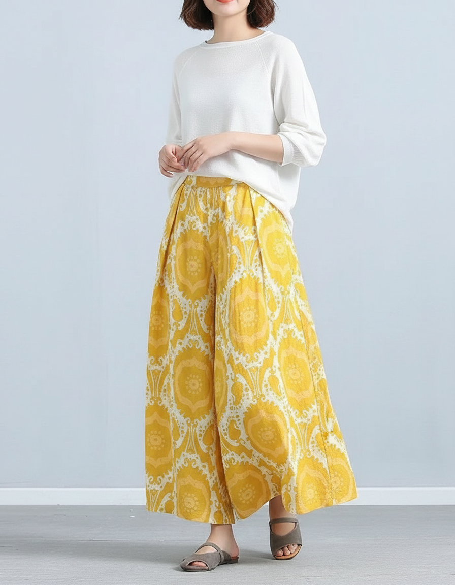Pantalon Jupe Jaune Lin Ample Motif Ethnique Décontracté