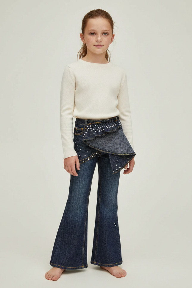 Pantalon Jupe Denim Évasé Bleu Perles Fille - Marine Jean
