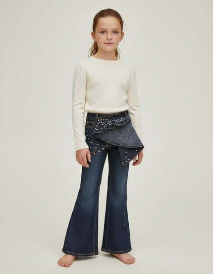 Pantalon Jupe Denim Évasé Bleu Perles Fille - Marine Jean