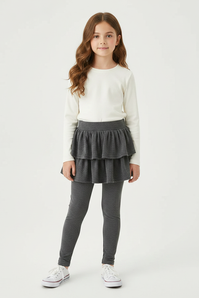 Pantalon Jupe Gris Volants Superposés Confortable Fille - Maille