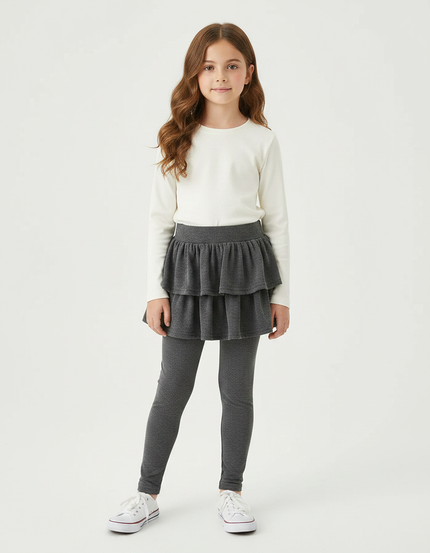 Pantalon Jupe Gris Volants Superposés Confortable Fille - Maille