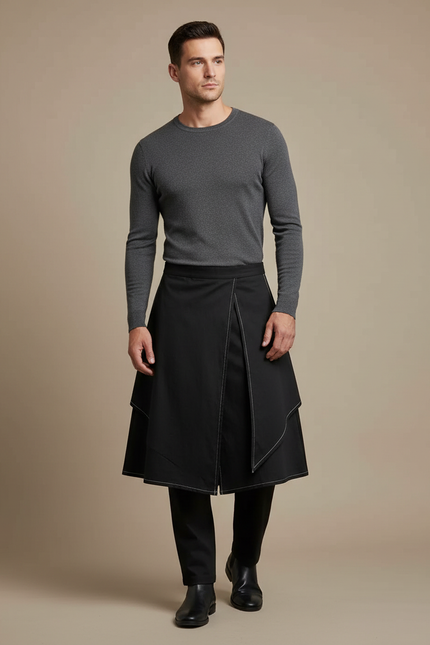 Pantalon Jupe Noir Asymétrique Urbain Homme - Polyester