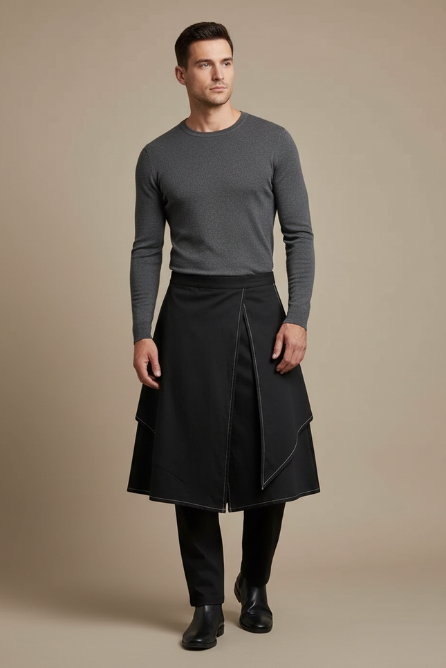 Pantalon Jupe Noir Asymétrique Urbain Homme - Polyester