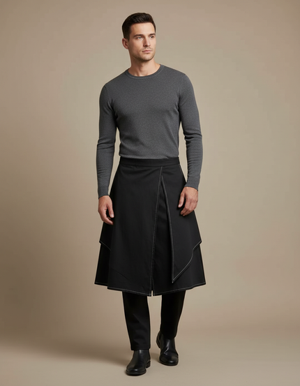 Pantalon Jupe Noir Asymétrique Urbain Homme - Polyester