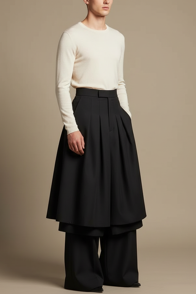 Pantalon Jupe Noir Plissé Ample Superposé Élegant - Gabardine