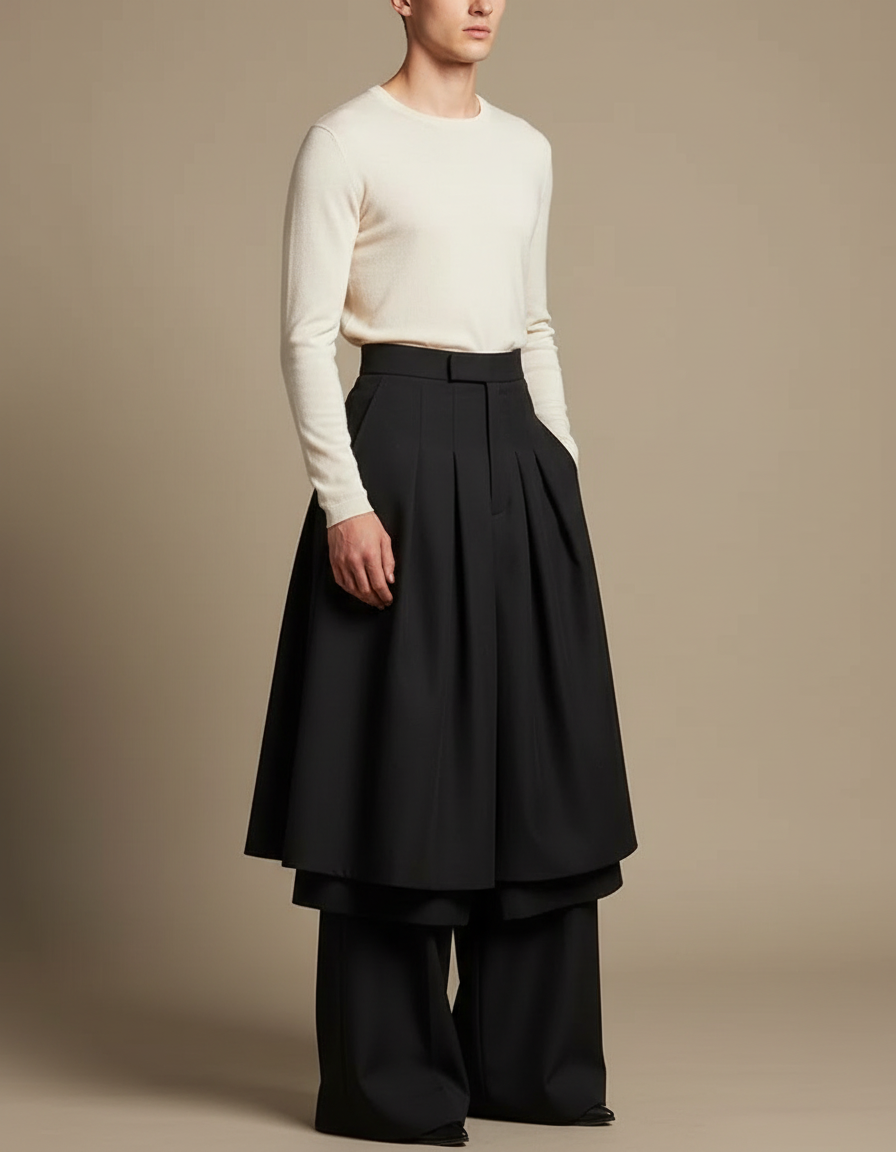 Pantalon Jupe Noir Plissé Ample Superposé Élegant - Gabardine