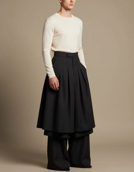 Pantalon Jupe Noir Plissé Ample Superposé Élegant - Gabardine