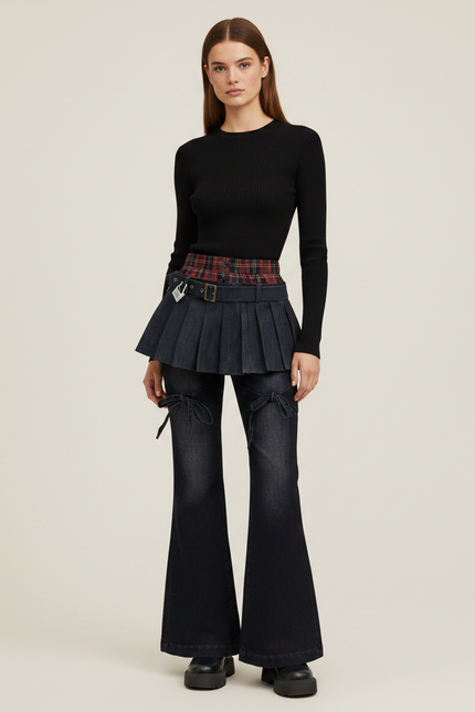 Pantalon Jupe Denim Plissé Évasé Plaid Cyberpunk - Marine Jean