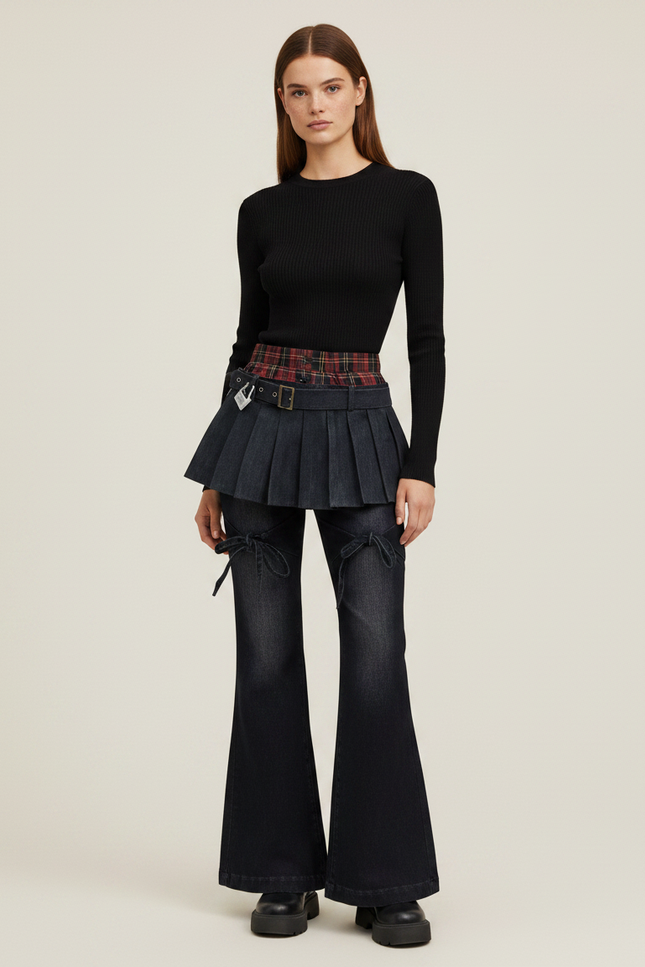 Pantalon Jupe Denim Plissé Évasé Plaid Cyberpunk - Marine Jean
