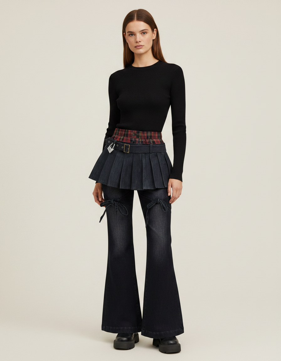 Pantalon Jupe Denim Plissé Évasé Plaid Cyberpunk - Marine Jean