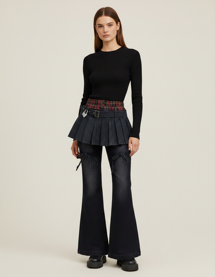 Pantalon Jupe Denim Plissé Évasé Plaid Cyberpunk - Marine Jean