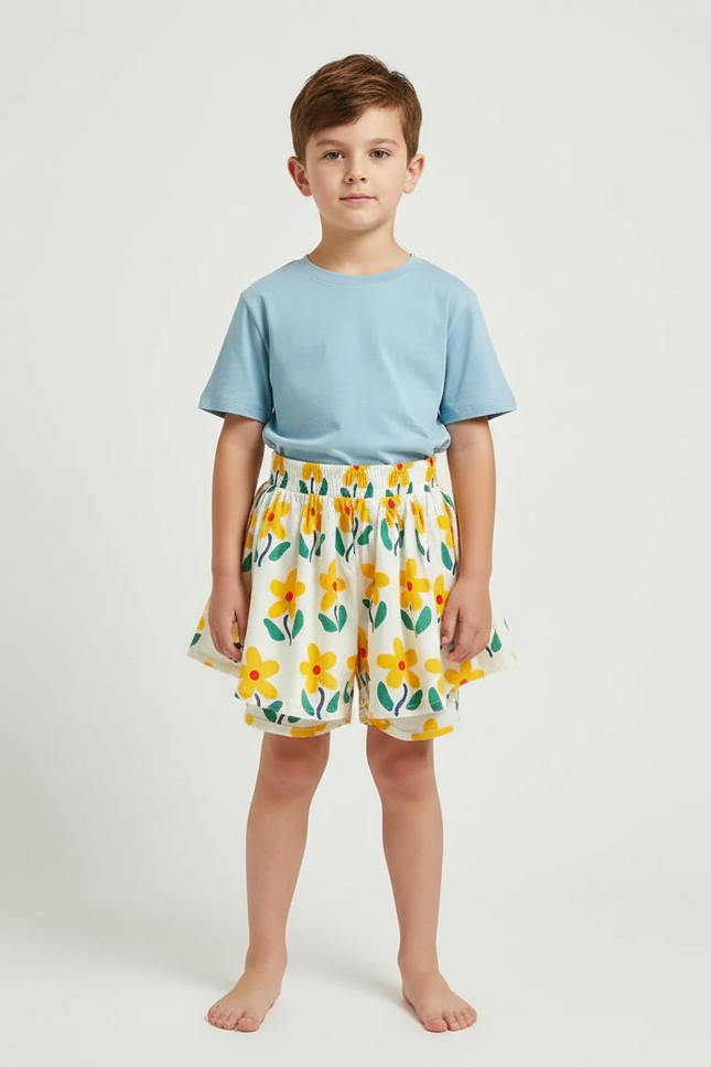Pantalon Jupe Blanc Fleurs Plissé Ample Enfant - Coton