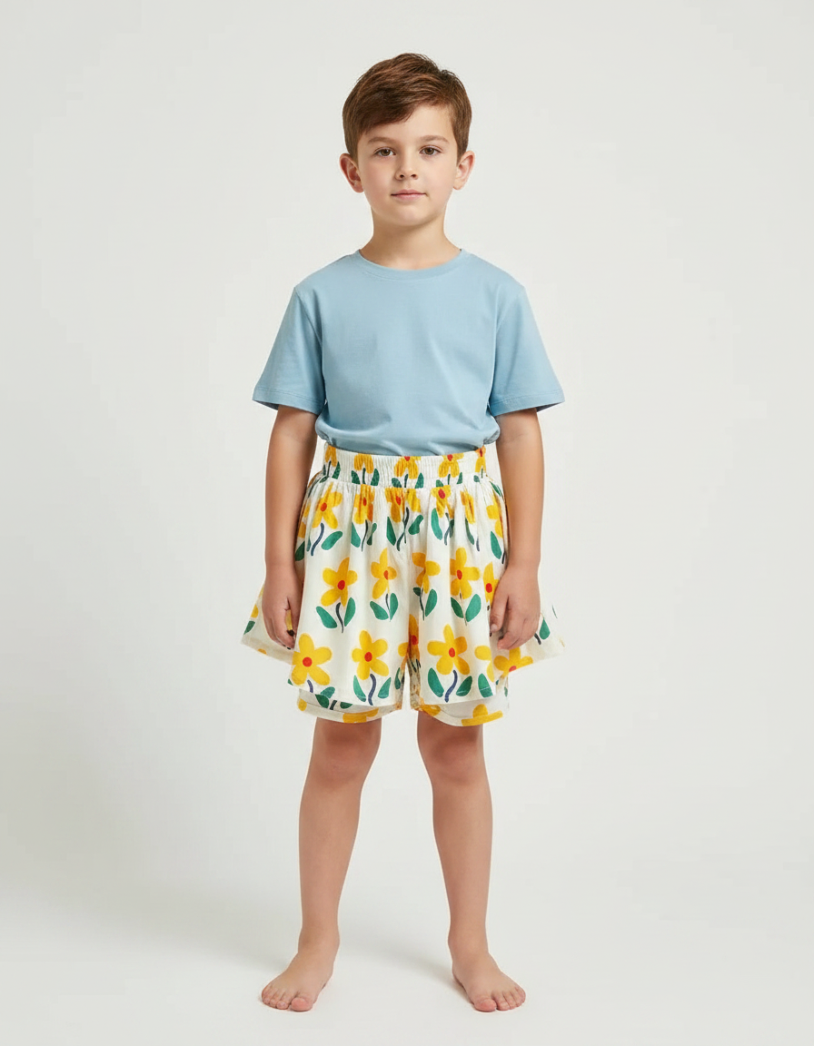 Pantalon Jupe Blanc Fleurs Plissé Ample Enfant - Coton