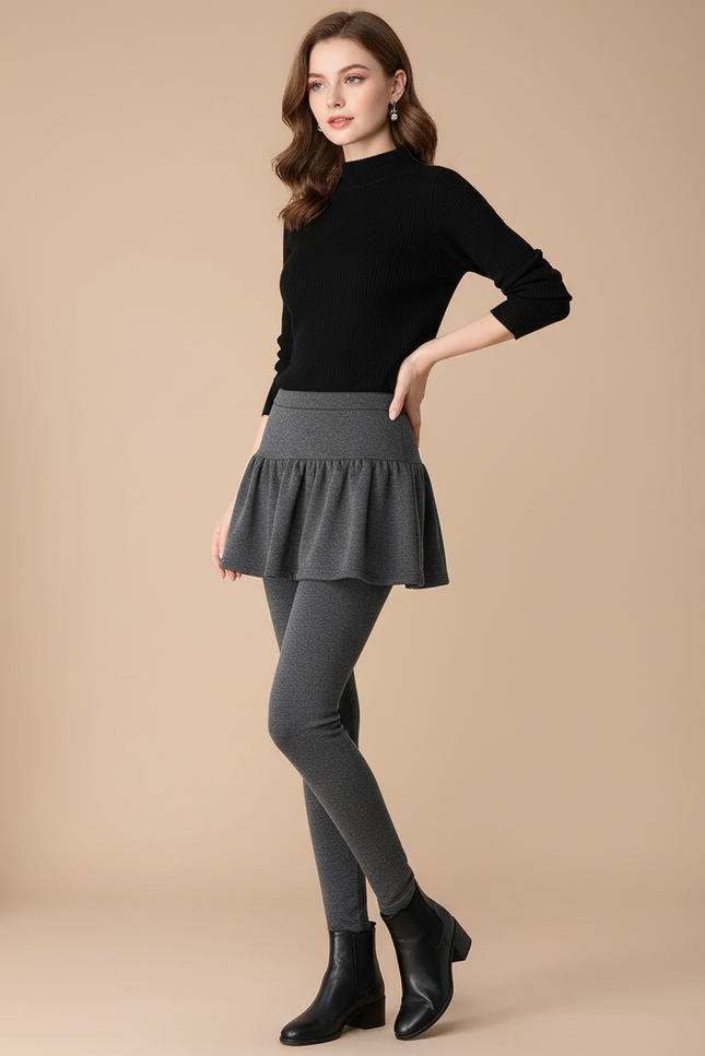 Pantalon Jupe Gris Volants Slim Chaud Élégant - Molleton