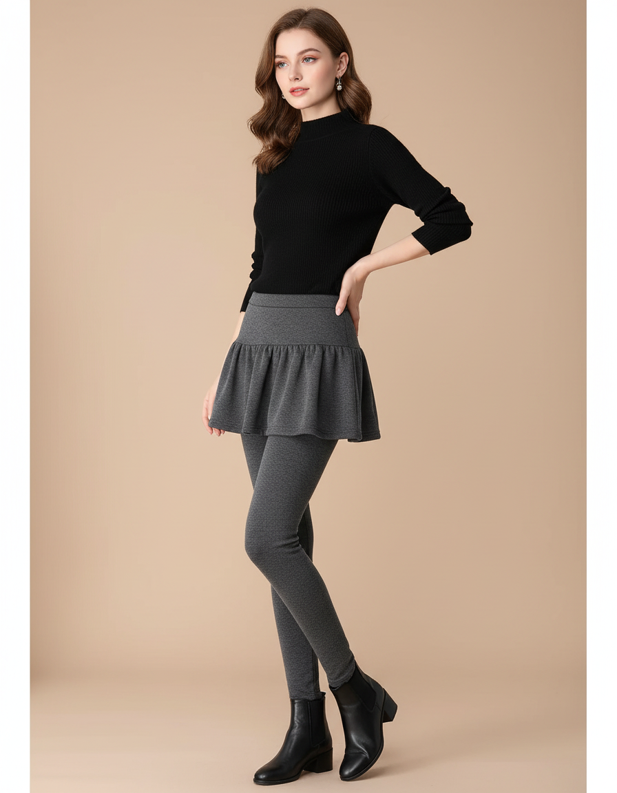 Pantalon Jupe Gris Volants Slim Chaud Élégant - Molleton