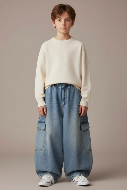 Pantalon Jupe Denim Ample Cargo Enfant Décontracté - Bleu Jean