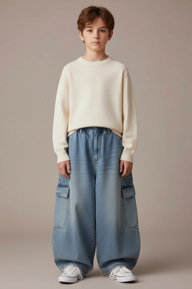Pantalon Jupe Denim Ample Cargo Enfant Décontracté - Bleu Jean