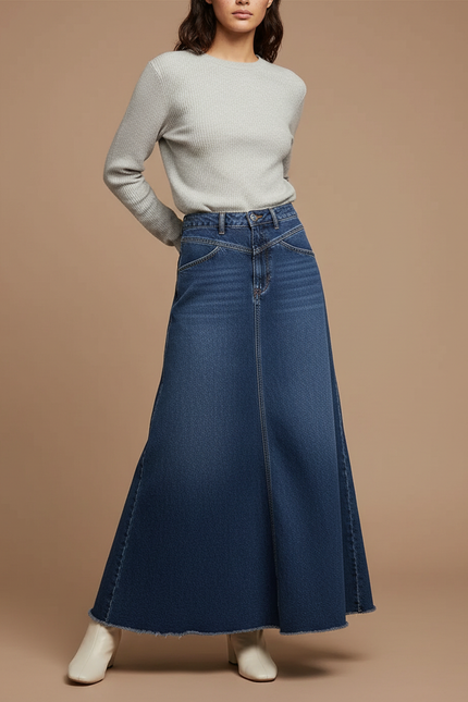 Pantalon Jupe Denim Longue Évasée Brut Taille Haute - Bleu Jean