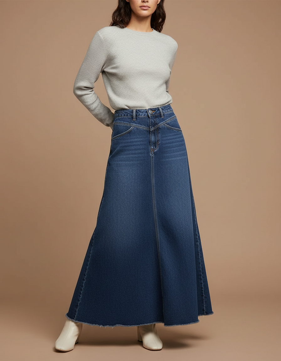 Pantalon Jupe Denim Longue Évasée Brut Taille Haute - Bleu Jean