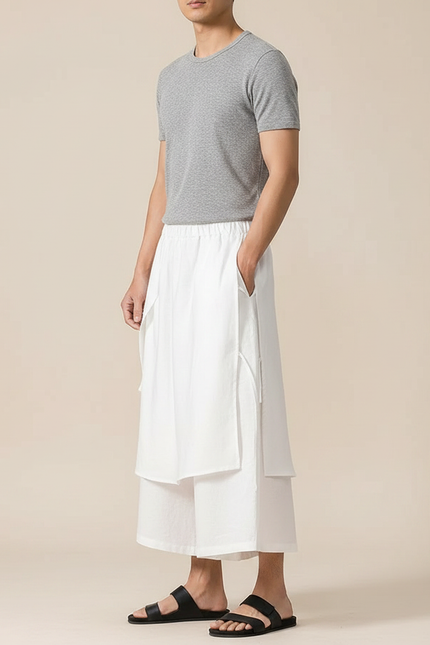 Pantalon Jupe Blanc Superposé Fluide Homme Moderne - Lin
