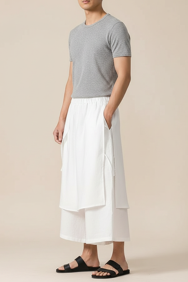 Pantalon Jupe Blanc Superposé Fluide Homme Moderne - Lin