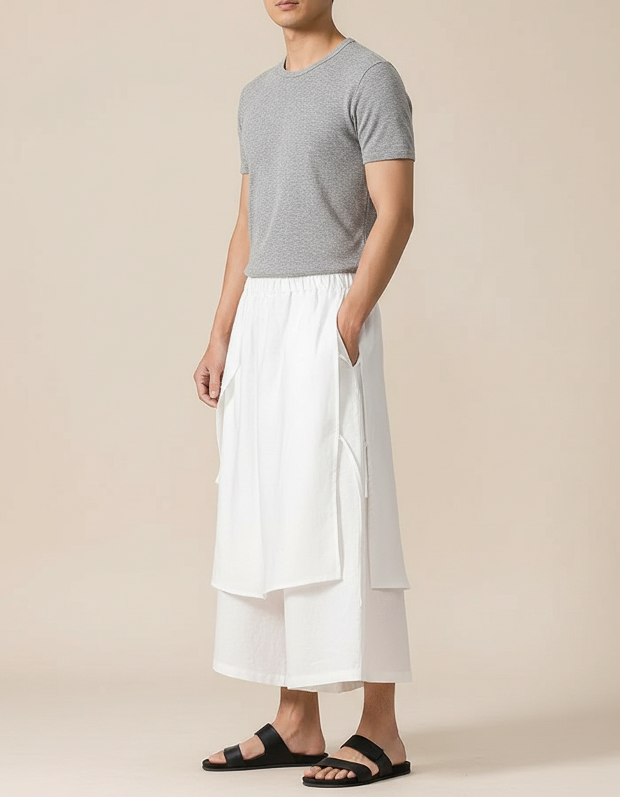 Pantalon Jupe Blanc Superposé Fluide Homme Moderne - Lin