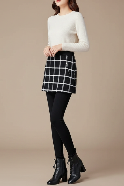 Pantalon Jupe Noir Carreaux Chaud Hiver Élégant - Maille