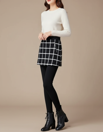 Pantalon Jupe Noir Carreaux Chaud Hiver Élégant - Maille