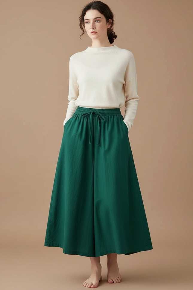 Pantalon Jupe Vert Ample Coton Lin Fluide