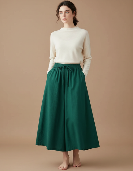 Pantalon Jupe Vert Ample Coton Lin Fluide