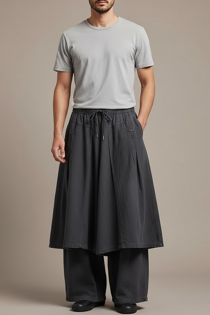 Pantalon Jupe Ample Gris Plissé Décontracté Homme - Toile