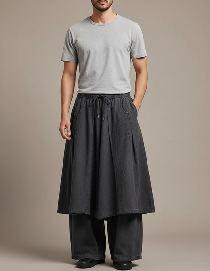 Pantalon Jupe Ample Gris Plissé Décontracté Homme - Toile