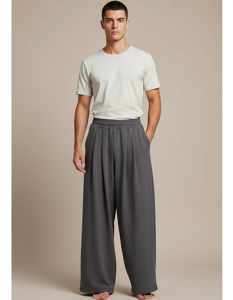 Pantalon Jupe Gris Ample Plissé Décontracté Homme - Molleton