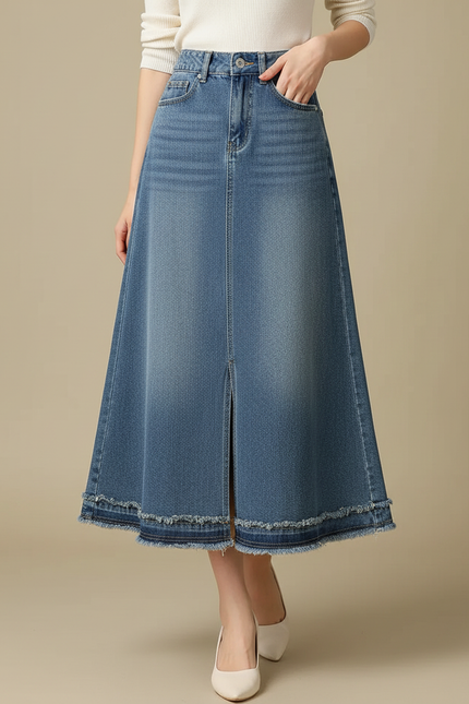 Pantalon Jupe Denim Bleu Évasé Fendu Franges - Jean