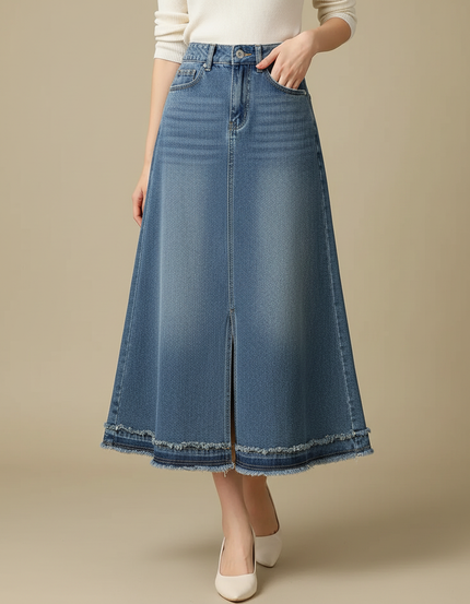Pantalon Jupe Denim Bleu Évasé Fendu Franges - Jean