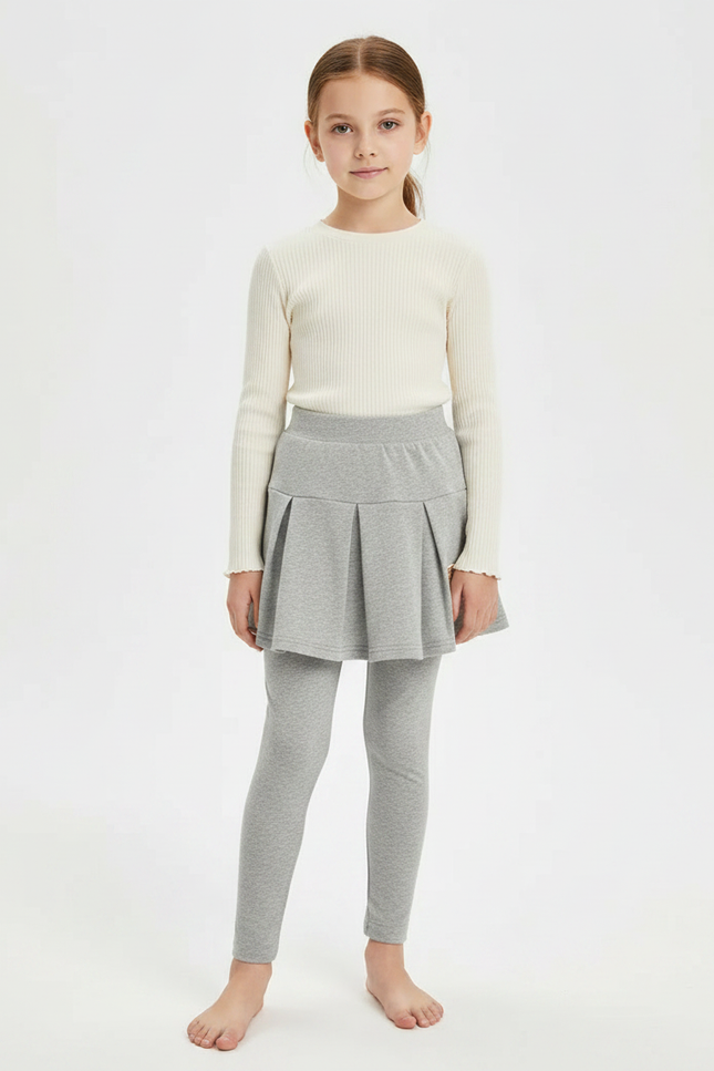 Pantalon Jupe Gris Plissé Coton Confortable Fille - Molleton