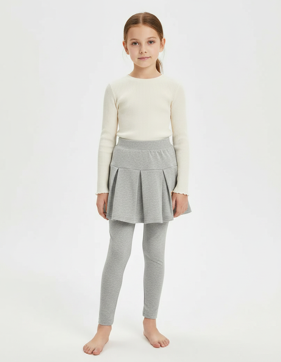 Pantalon Jupe Gris Plissé Coton Confortable Fille - Molleton