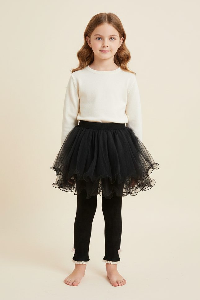 Pantalon Jupe Noir Tulle Ribbed Nœuds Fille - Maille