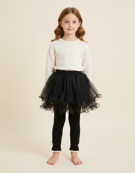 Pantalon Jupe Noir Tulle Ribbed Nœuds Fille - Maille
