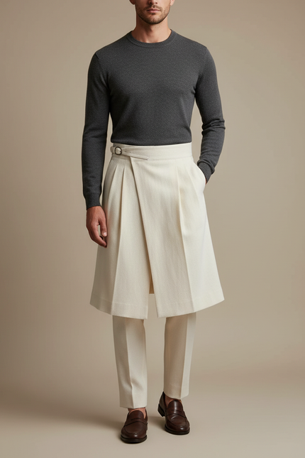 Pantalon Jupe Crème Plissé Élégant Sur-mesure Moderne - Beige Laine